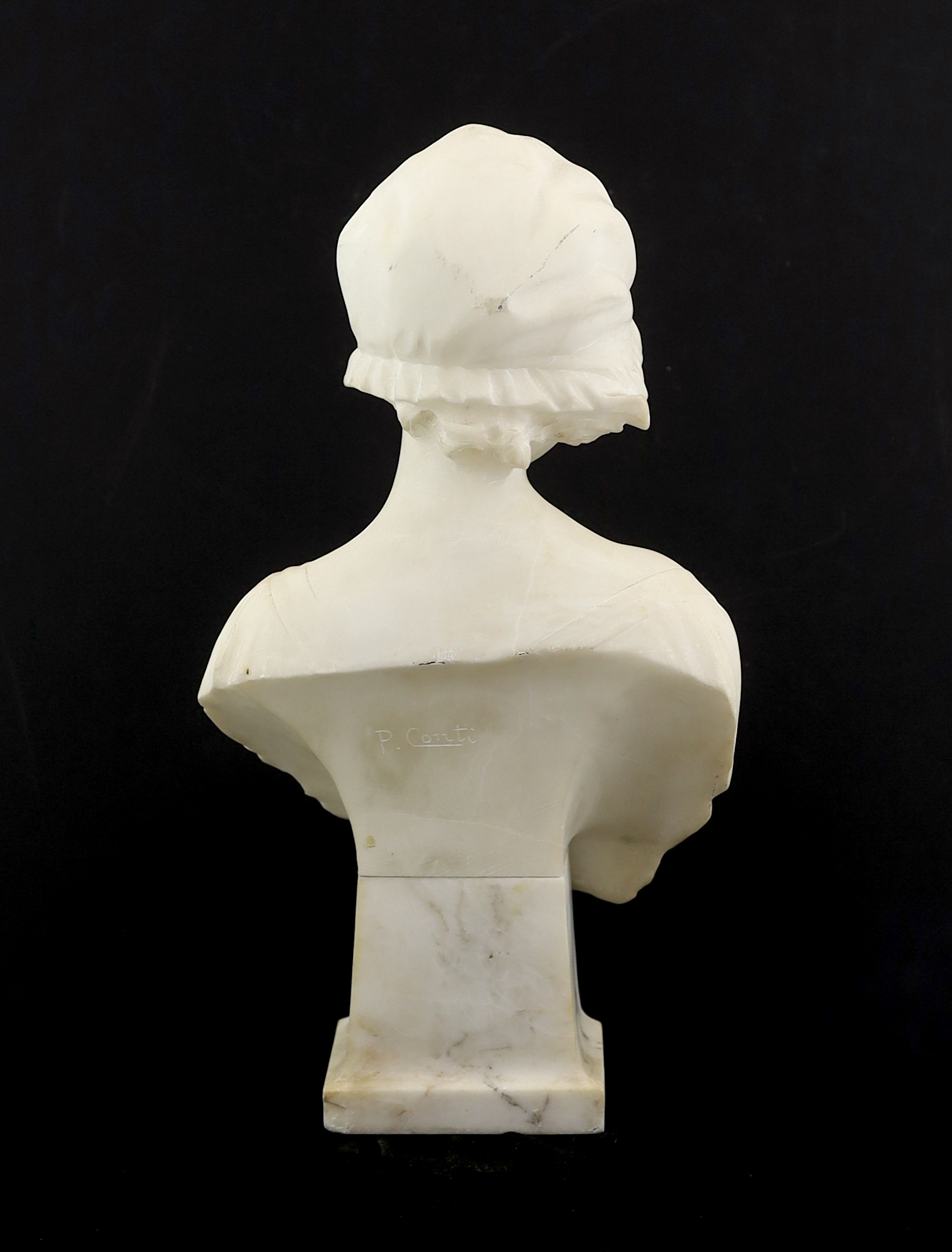 P. Conti, an early 20th century carved marble bust of a young woman